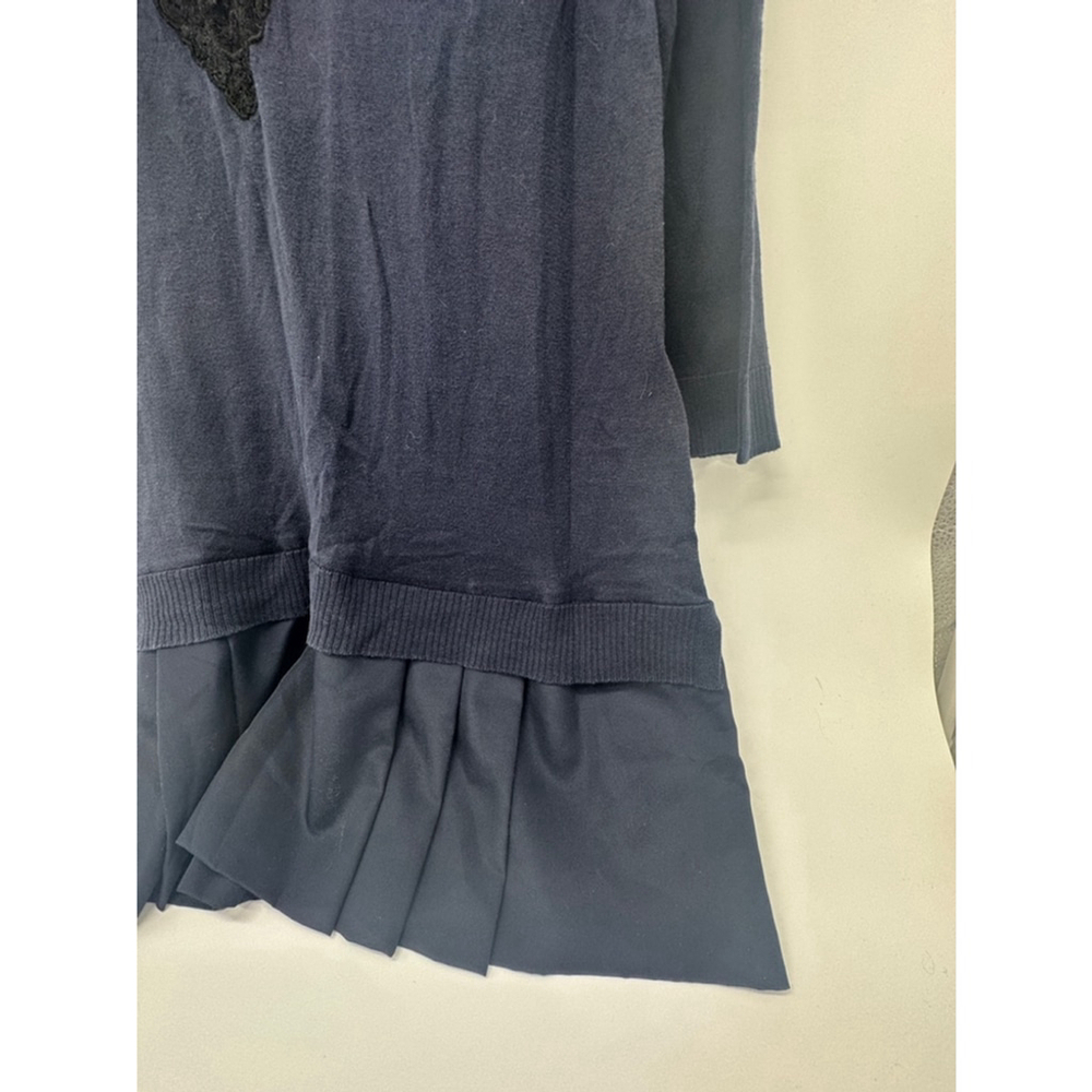 Weekend MaxMara Silk Cotton Tunic Top Sz L Navy Lace Trim Pleated Hem 3/4 Sleeve - Picture 6 of 7